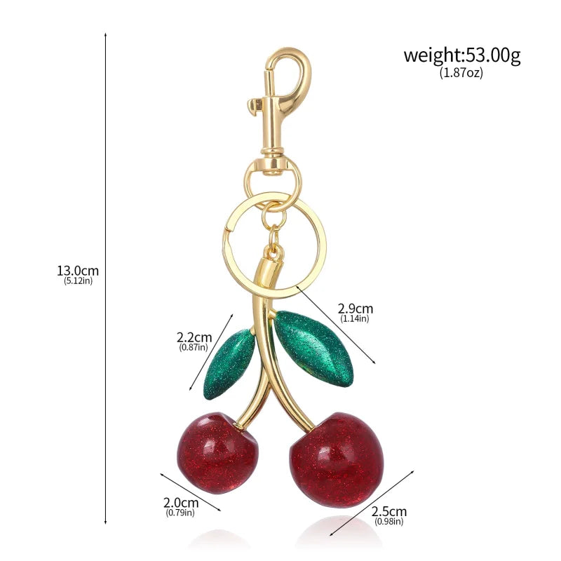 Cherry Red Keychain Bag Charm With Gold Leaf Lobster Clasp