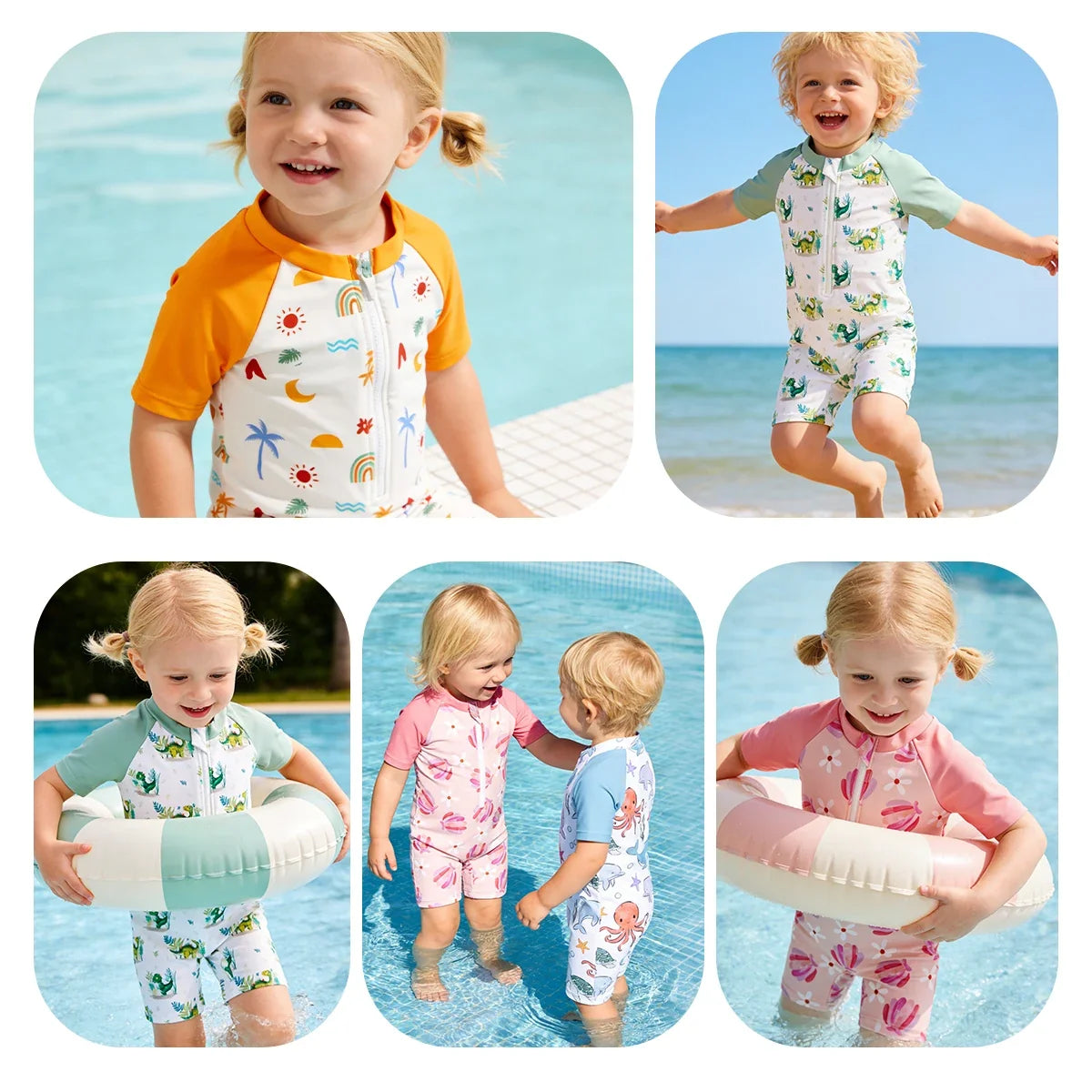 Light durable unisex baby one-piece swimsuit - zip-front, polyester, for summer beach