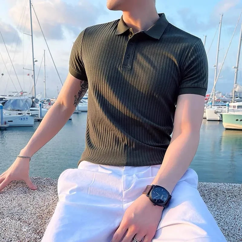 Breathable Silk Mesh Mens Polo Shirt, Short Sleeve with Ribbed Collar, Lightweight and Stylish for Summer-1