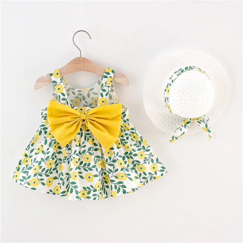 Plush baby girls dress - sleeveless, floral bow-embellished, cotton-polyester blend, for summer outings