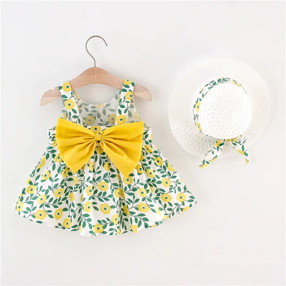 Plush baby girls dress - sleeveless, floral bow-embellished, cotton-polyester blend, for summer outings