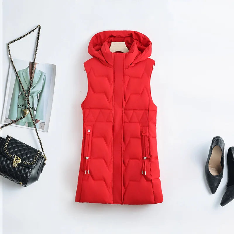 Light Cozy Women Long Puffer Vest - Hooded Down