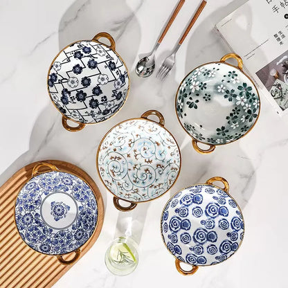Inch 7.5 Japanese Ceramic Noodle Bowl With Handles Blue