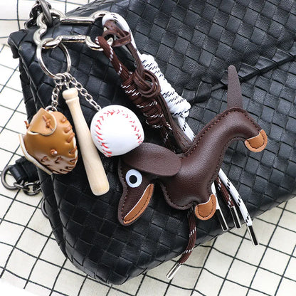 Pu Dachshund Leather Bag Charm Baseball Keychain Gift