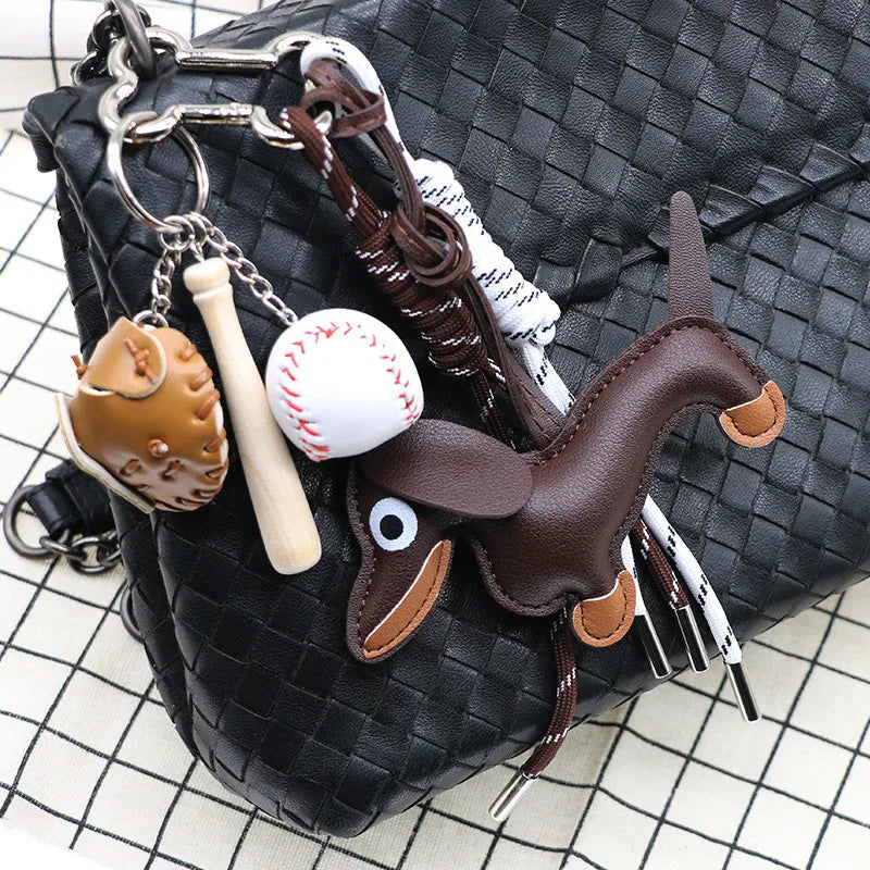 Pu Dachshund Leather Bag Charm Baseball Keychain Gift