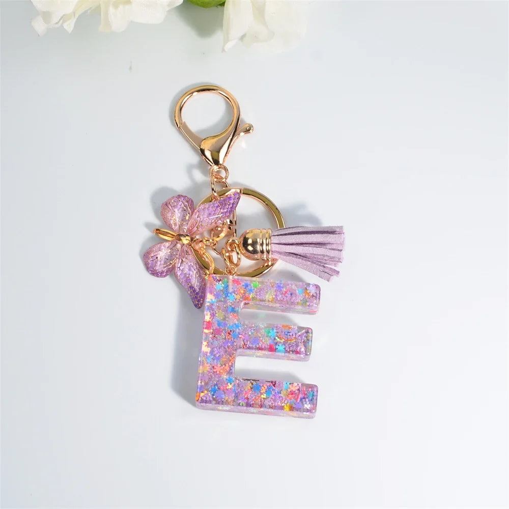 Letter Sequin Keychain With Butterfly Tassel Charm
