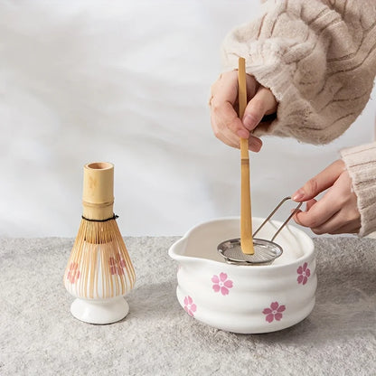 Matcha Bowl White Ceramic Sakura Matcha Tea Kit With Bamboo Whisk And Strainer Spring 2025 Gift