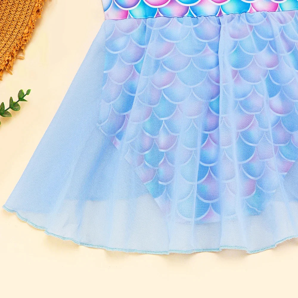 Mermaid-Scale Print, Ruffle Sleeves, Tulle, Polyester Elastane, Beach – Fast-Dry Sturdy Girls' One-Piece Swimsuit