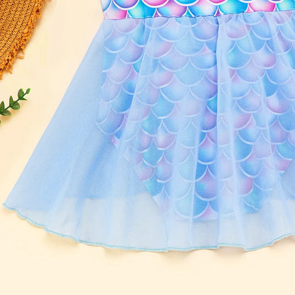 Mermaid-Scale Print, Ruffle Sleeves, Tulle, Polyester Elastane, Beach – Fast-Dry Sturdy Girls' One-Piece Swimsuit