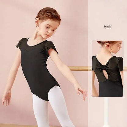 girls' Stretchy ballet leotard - short sleeve, back bow detail, cotton-elastane, for dance class