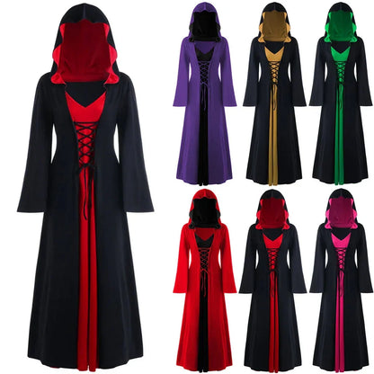 Women's Lace-Up Hooded Medieval Vampire Witch Cloak Robe - Great Halloween Costume for Themed Events