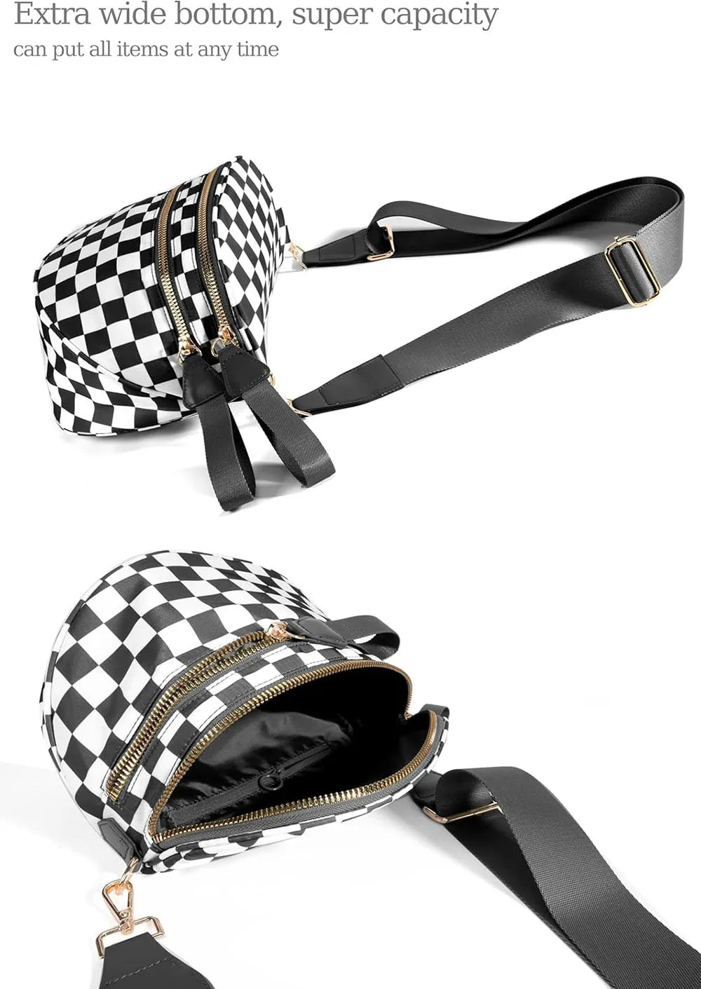 high-capacity sling bag with adjustable strap – Casual women's checkered crossbody shoulder bag