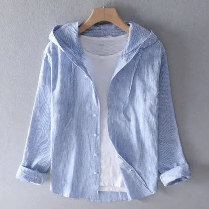 Summer Spring Solid Color Hooded Cotton Hemp Shirt Man Casual Cardigan