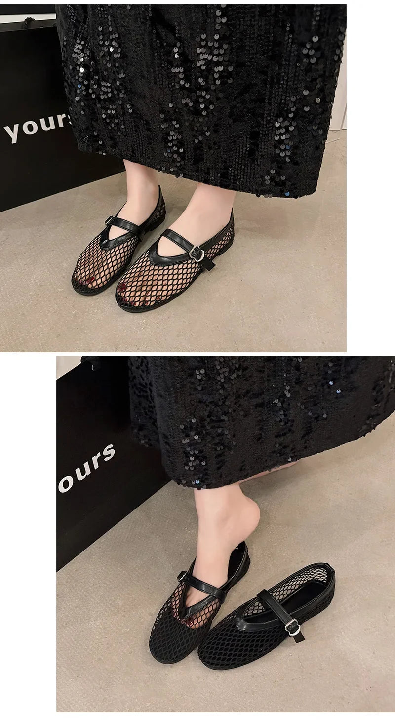 Women Breathable Mesh Ballet Flats - Strappy Round Toe