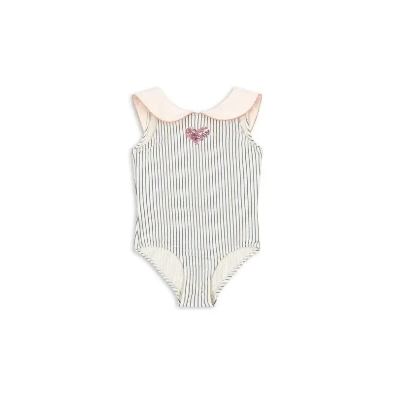 Light girls' swimsuit - stripe long-sleeve, bow accent, nylon, for summer beach days
