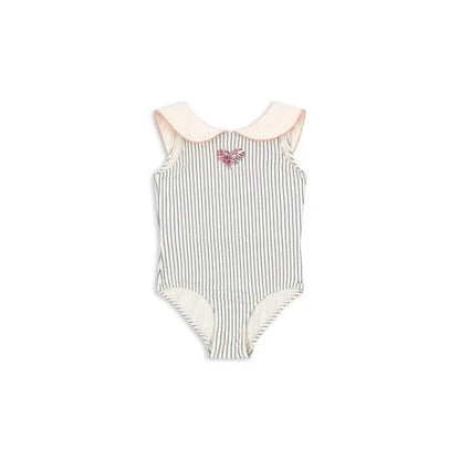 Light girls' swimsuit - stripe long-sleeve, bow accent, nylon, for summer beach days