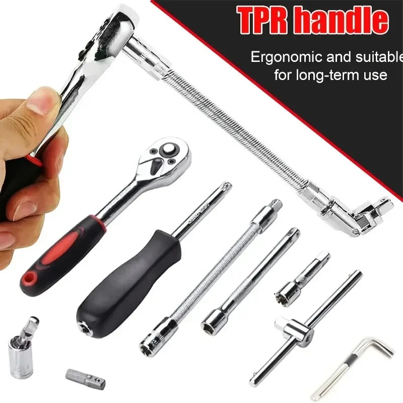 Metric Socket Wrench Kit - Household Tools Car Mechanic Kit with Ratchet and Adapters