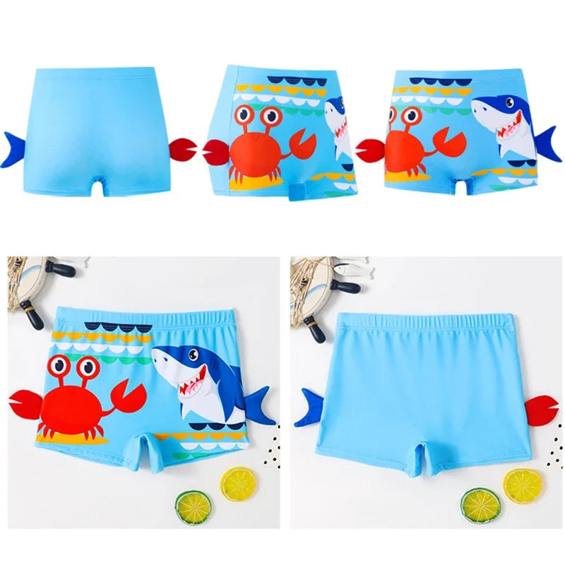 Fast-dry boys' swim shorts - cartoon crab and shark print 2pc set, polyester, for swimming and beach days