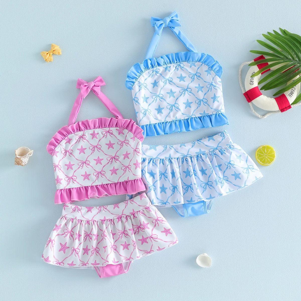 Light girls' bikini set - halter top, starfish print, ruffle trim, polyester, for summer beach