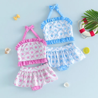 Light girls' bikini set - halter top, starfish print, ruffle trim, polyester, for summer beach