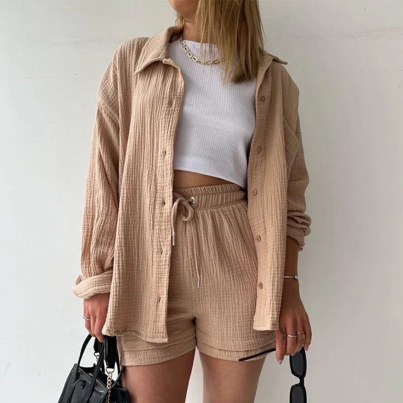 Women Two-Piece Kit Orange Wrinkled Lapel Shirt & High-Waisted Shorts Fashion Suit