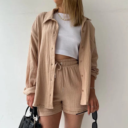 Women Two-Piece Kit Orange Wrinkled Lapel Shirt & High-Waisted Shorts Fashion Suit