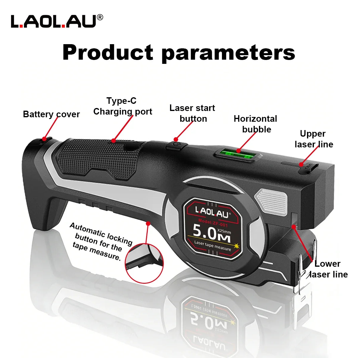 Type-C Battery-Powered Class II Laser Auto-Lock Device 2026 – LAOLAU 2-in-1 Laser Tape Measure 5M/16FT