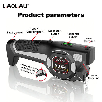 Type-C Battery-Powered Class II Laser Auto-Lock Device 2026 – LAOLAU 2-in-1 Laser Tape Measure 5M/16FT