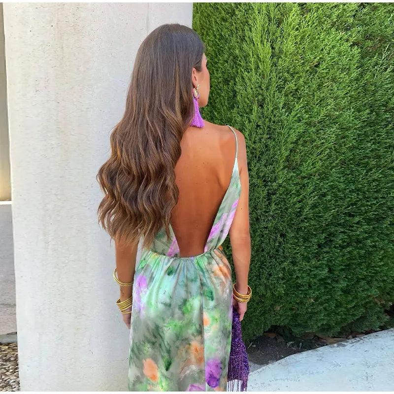 Vibrant Long Womens Dress with Removable Scarf and Modern Halo Print for Summer Events-4