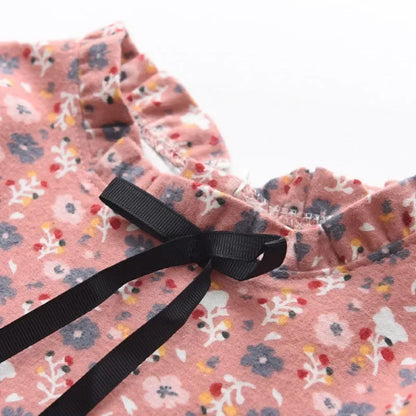Plush Girls Dress - Long-Sleeve Knee-Length Floral Print, Cotton, For Casual Wear