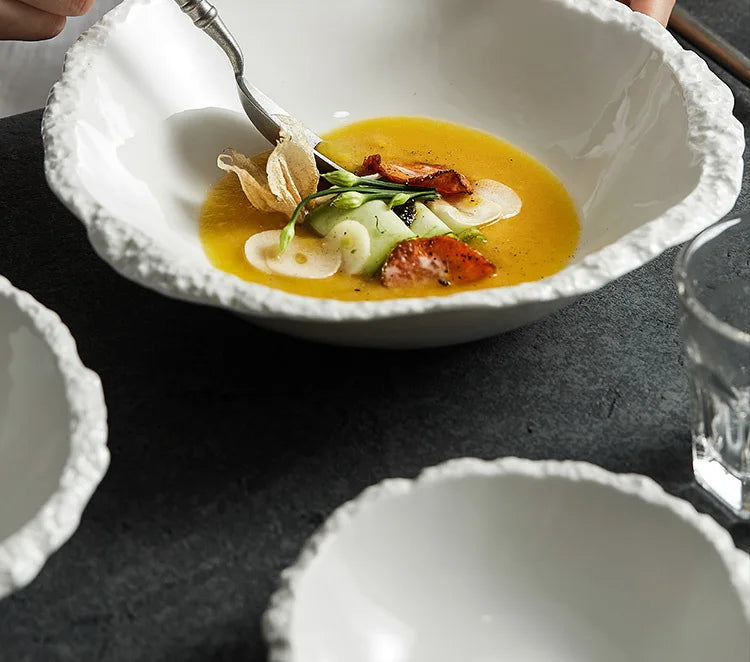 White Porcelain Rock Edge Soup Bowl Contemporary Tableware