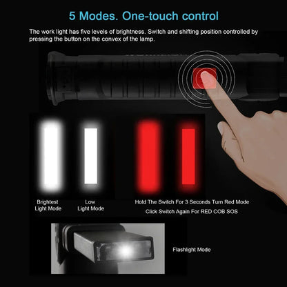 Battery-Powered Camping LED Flashlight Work Light - IP64 Water-Resistant, 5 Modes, Magnet & Hook for Night Work