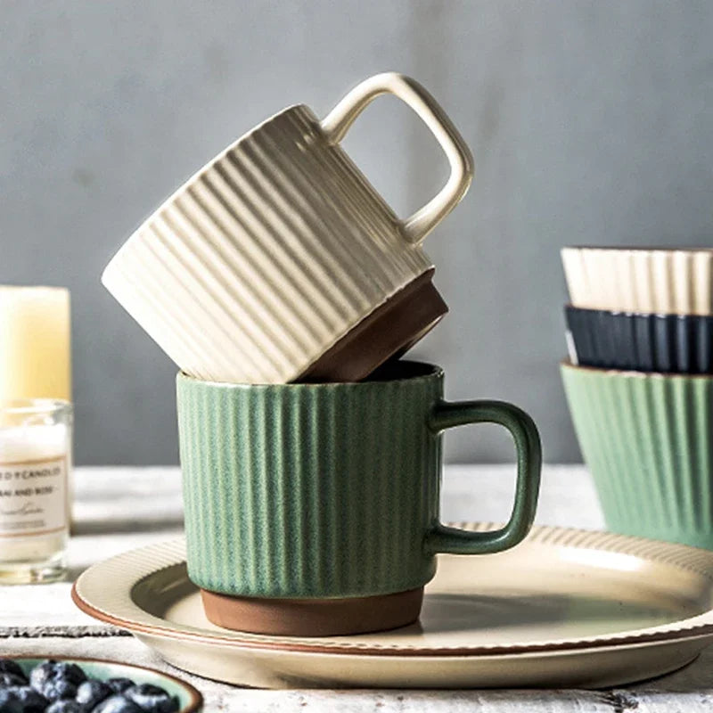 Coffee Ceramic Mug 250ml Vintage Striped Porcelain Mug With Handle Cozy Fall 2025 Dishwasher Microwave Safe Gift