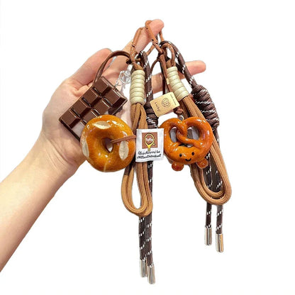 Rope Woven Bowknot Keychain With Cute Pastry Charms