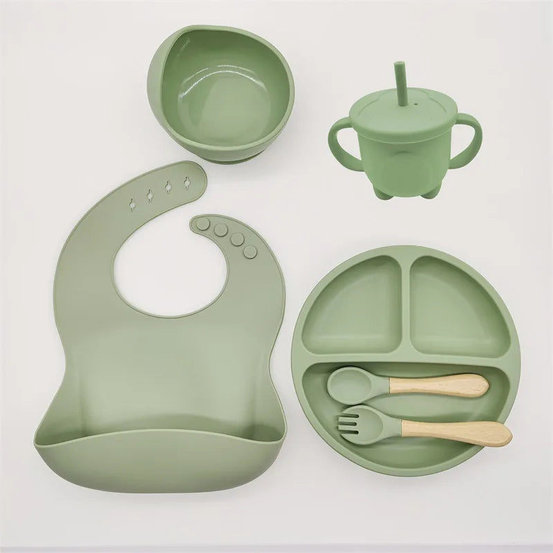 Baby Silicone Tableware Kit 8 Piece Suction Bowls Divided Plate Bib Spoon Fork Fall 2025 Self Feeding Aid