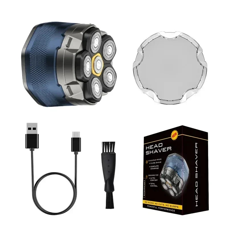 6D Motor-Driven Head Shaver for Men - Water-Resistant Magnetic Rotary Razor with LED Bald Head Hair Trimmer
