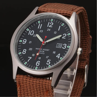 Field Quartz Watch Nylon Strap Military Style Date Luminous