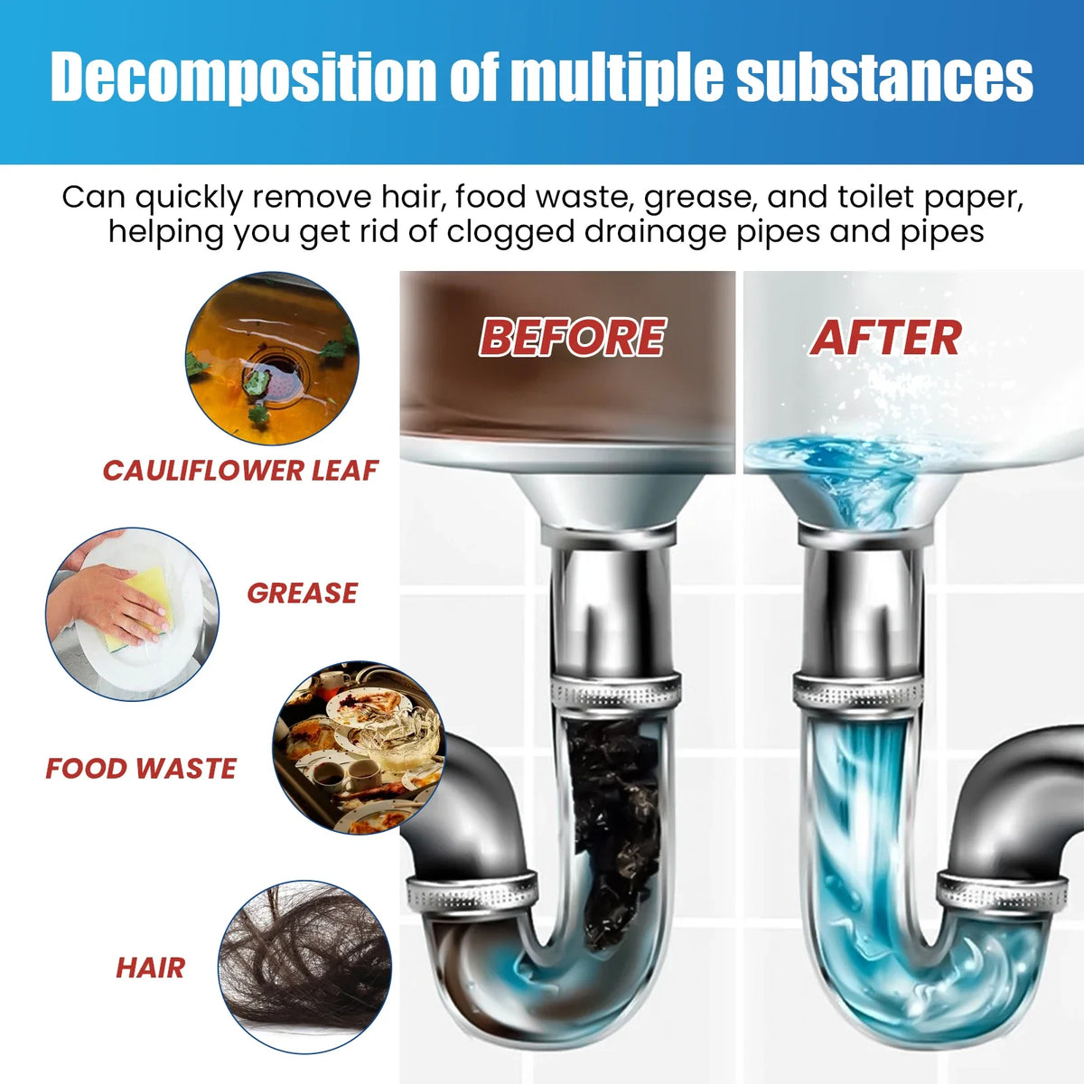 Drain Cleaner Powder 6 Pack Pipe Unclogger Hair Clog Remover Odor Eliminator Eco Friendly Fall 2026 Household Maintenance