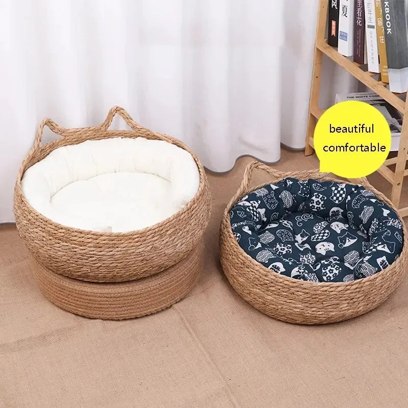 Cat Bed Organic Woven Nest With Seasonal Heating Pad And Washable Insert, Fall 2025 Cozy All Season Retreat