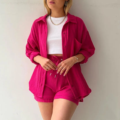 Women Two-Piece Kit Orange Wrinkled Lapel Shirt & High-Waisted Shorts Fashion Suit