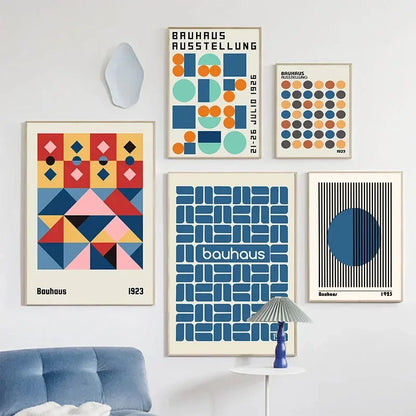 Abstract Blue Bauhaus Canvas Wall Art Contemporary Bedroom