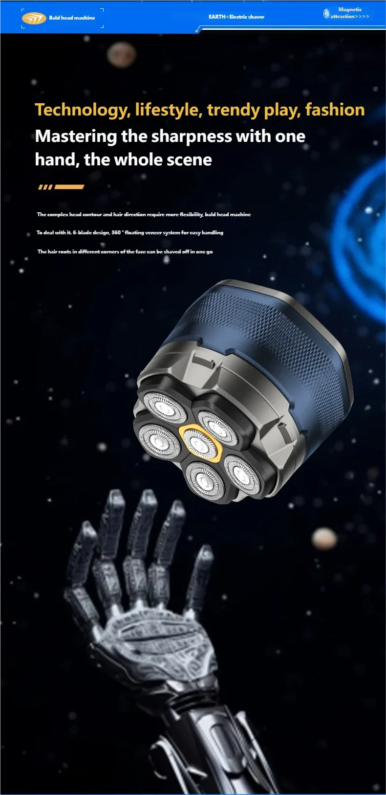 6D Motor-Driven Head Shaver for Men - Water-Resistant Magnetic Rotary Razor with LED Bald Head Hair Trimmer