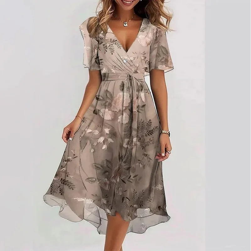 Deep Sexy V-neck Print Women's Summer Dresses - Elegant Swing Party Office Wear