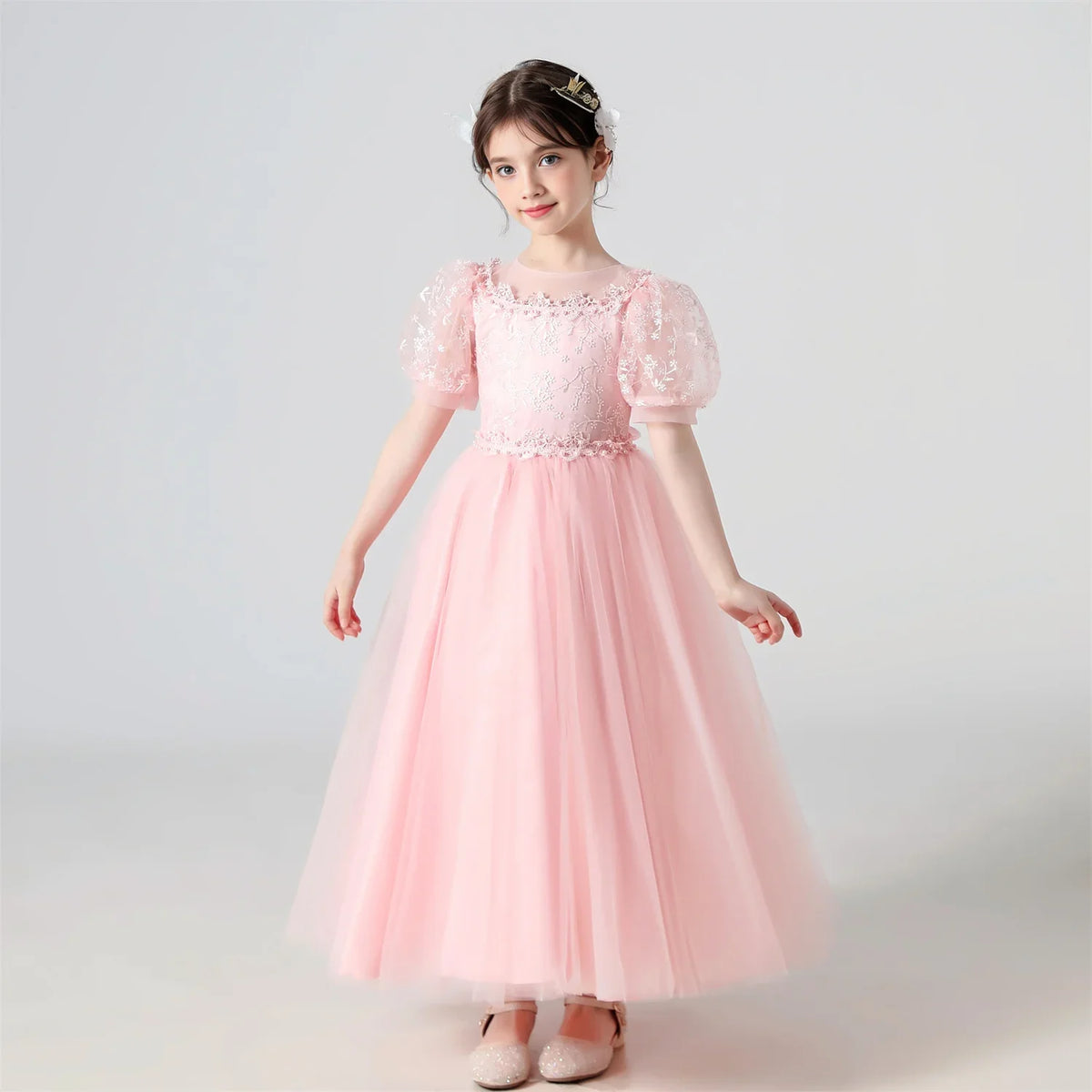 Plush Girls’ Lace-Embroidered Princess Dress - Puff Sleeve, Polyester, For Weddings and Parties