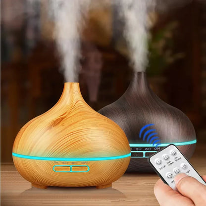 Air Humidifier Aromatherapy Essential Oil Diffuser 500ml Wood Grain Remote Control with 7 Color Lights for Household