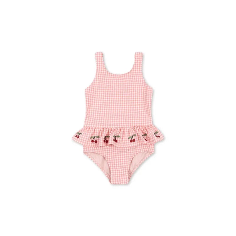 Fast-dry girls’ swimwear - checkered cherry print bikini set, nylon, for summer vacation