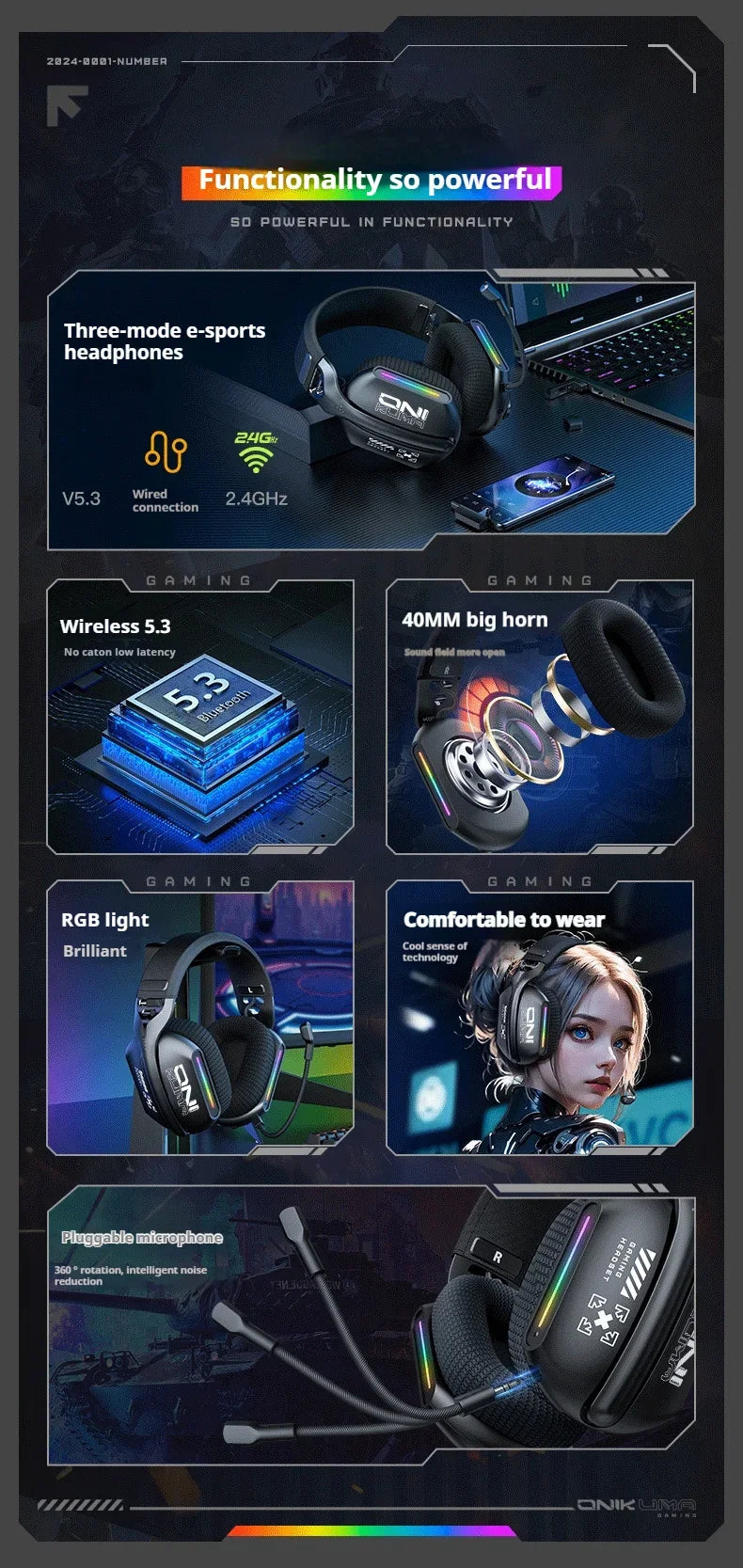 Cordless Gaming Headset Tri Mode Bluetooth Wired Immersive