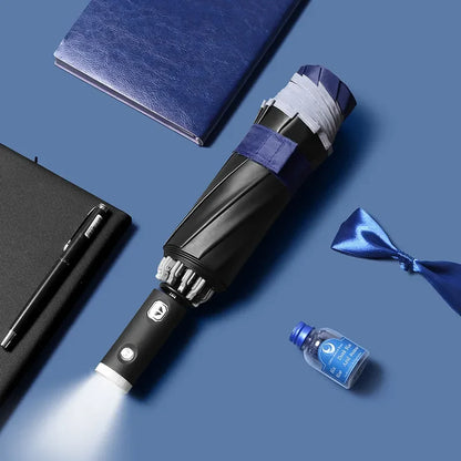 Fully Automatic Folding Water-Resistant Umbrella with LED Flashlight and UV Sunshade for Rain and Wind Resistance