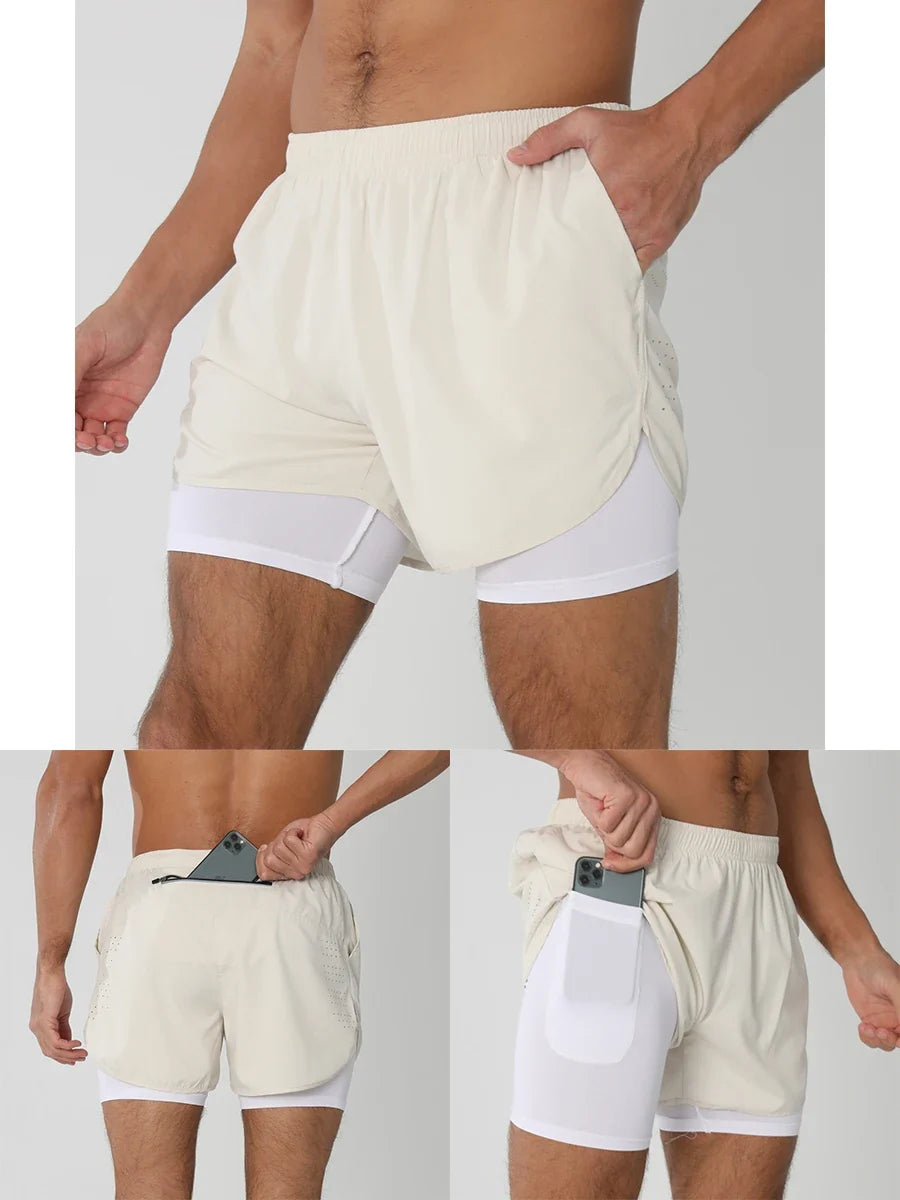 Fast-dry men's 2-in-1 running shorts - lightweight lined, polyester, for gym and summer training