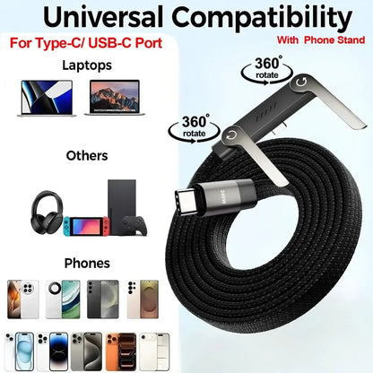 Fast USB-C Charging Cable - Elbow Design, 240W, Type-C To Type-C, Foldable Phone Stand, Back To School 2026 Gift